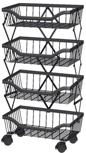 Newzealkids Fruit and Vegetable Storage – 4 Tier Stackable Metal Wire Storage Trolley with Wheels, Kitchen Organiser Unit for Living Room, Dining Room & Office, Black