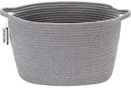 Sea Team Oval Cotton Rope Woven Storage Basket with Handles, Diaper Caddy, Nursery Nappies Organizer, Baby Shower Basket for Kid's Room, 14.2 x 9 x 11.4 Inches (Medium Size, Grey)