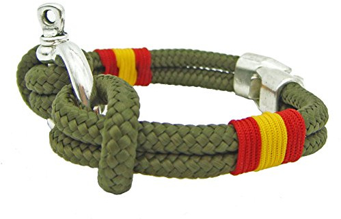 Pi2010 - Pulsera náutica con grillete/Verde Militar/Bandera España Trenzada/Unisex/Grosor 4mm / 3 tamaños/Hecho a Mano en España/Cierre zamac