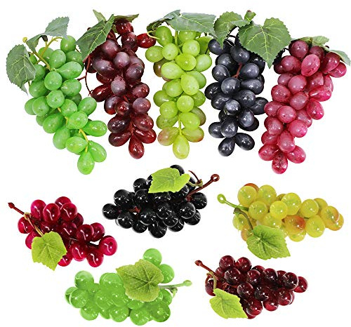 Supla 10 Pack Assorted Artificial Grapes Frosted Grape Clusters Decorative Grapes Bunches Rubber Grape Bundles in Black Purple Red Green for Vintage Wedding Favor Fruit Wine Décor Faux Fruit Props