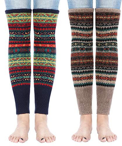 SATINIOR 2 Pairs Leg Warmers for Women Wool Leg Warmers Bohemian Winter Long Knit Boot Cuffs Socks for Women(Khaki, Navy Blue)