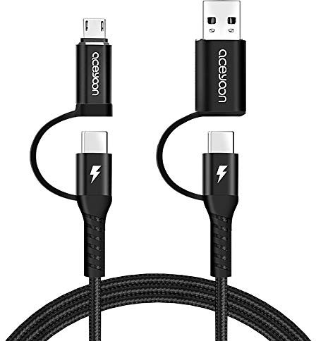 aceyoon Câble Multi USB, 2 USB C + Micro USB Multi Embout Support QC 3.0 Cable USB C vers USB C/Micro USB Charge Rapide Compatible avec iPhone 15, pour Samsung Galaxy S23 S22 (Noir)