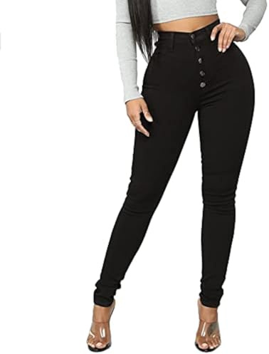 FISCLOSIN Womens High Waist Stretch Jeans 5 Button Push Up Butt Lifting Skinny Colombian Jeans,Black,Large