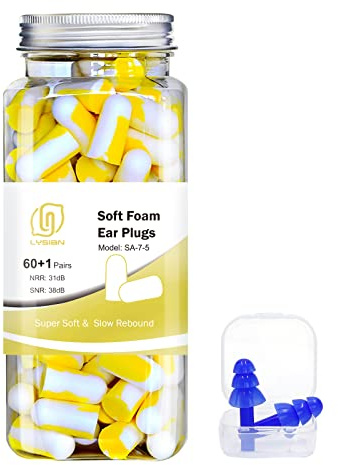 LYSIAN Ultra Soft Foam Earplugs 60 Pairs with Reusable Silicone Earplug, 38dB SNR Ear Plugs for Sleeping, Snoring, Shooting, and All Loud Noise, Yellow/White