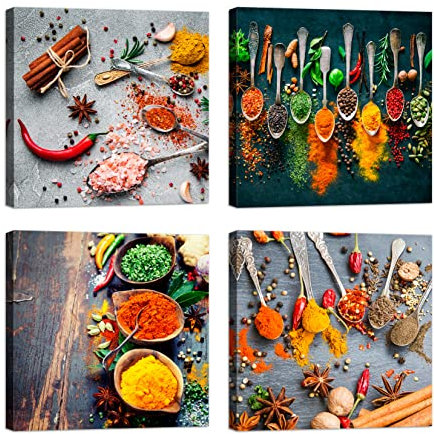 LuxHomeDecor Quadri cucina spezie 4 pezzi 30x30 cm Stampa su Tela con Telaio in Legno Arredamento Arte Arredo
