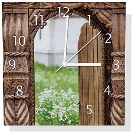 Wallario Design Wanduhr Offene alte Pforte mit Schnitzereien aus Holz aus Aluverbund, Alu-Uhr Größe 30 x 30 cm, weiße Zeiger mit Metalloptik