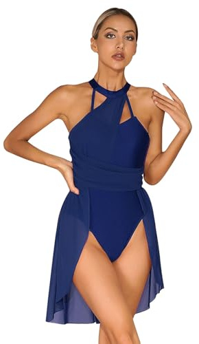 inlzdz Dam, chiffong, dansklänning, jerseykostym, bodysuit, leotard med tutu, kjol, balettklänning, halterneck, klänningar, gymnastikbody, danskläder, lyrisk danskostym, dansdräkt, Mörkblå, L