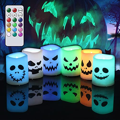 Eldnacele Halloween LED Votivkerzen Farbwechsel mit Fernbedienung, batteriebetriebene flammenlose Teelichtkerzen für Halloween Heimdekoration Geschenke (Batterie enthalten)