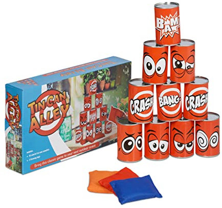 Relaxdays Dosenwerfen für Kinder, Büchsenwerfen Garten, 10 Blechdosen & 3 Säcke, Wurfspiel für Kindergeburtstage, bunt