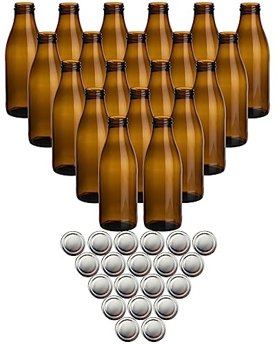 gouveo 20er Set Glasflasche 1000 ml (1,00 l) Saftflasche 1000 ml Antik rund mit Twist-Off Schraubdeckel TO 48 silberfarben, braune Glasflaschen 1L zum Befüllen & Aufbewahren (SFA1000S)