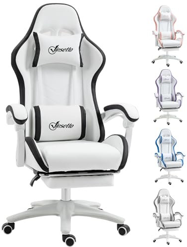 Vinsetto Computer Gaming Chair, PU Leather Office Desk Chair with Footrest, Swivel Wheels, 135° Reclining Back, Lumbar Support, Headrest for Home, White and Black