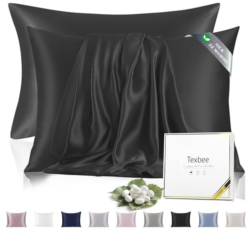Texbee Seidenkissenbezug 40x80 Maulbeerseide für Haar und Haut, Schwarz | Beidseitige 22 Momme Naturseide für gesunde Haut & glattes Haar, mit Diskreter Reißverschluss, kühlend, atmungsaktiv, 2 Stück