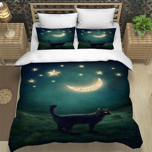 XPINGO Kinder Bettwäsche Katze 135x200 cm 2teilig Jungen und Mädchen 100% Mikrofaser Sommer Weiche Winter Warm Bettbezüge 3D Sterne Mond Bettbezug mit Kissenbezüge 80x80 cm