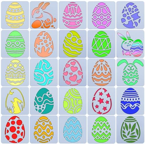 GORGECRAFT 16Pcs Easter Eggs Painting Stencils Washable Stencils Template Sets Reusable Plastic Egg Craft Stencil for Painting Easter Decoration Easter Crafts Gift Party Bag Filler