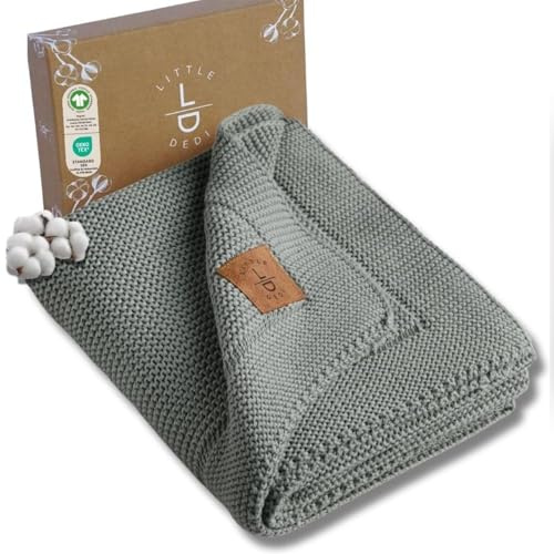 Little Dedi Strickdecke aus 100% Bio-Baumwolle GOTS Zertifizert, 80x100 cm. Dunkelgrün- Atmungsaktiv, Temperatur regulierend, in eleganter Geschenkbox für Babys