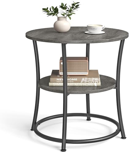 VASAGLE 21.7-Inch Round Side Table, 2-Tier End Table, Nightstand with Steel Frame, Spacious Top, for Small Spaces, Living Room, Bedroom, Misty Gray and Ink Black ULET056G68