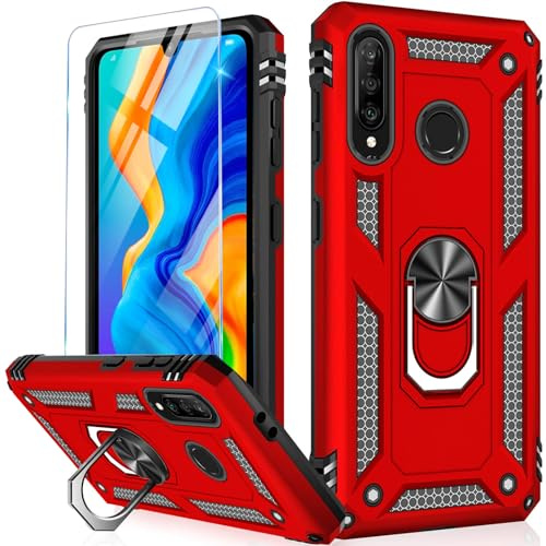 Vaki Handyhülle für Huawei P30 Lite Mit Schutzfolie, 360° Metall Ring Ständer, Stoßfest Bumper Tasche, Schutzhülle (Rot)