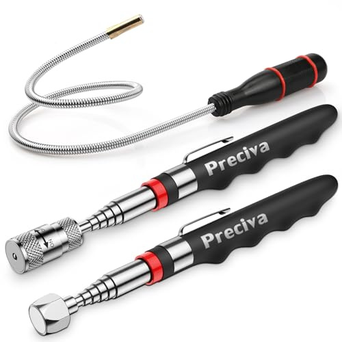 3PCS Kit d'Outils Magnétiques Télescopiques,Preciva 16LB Gadget Magnétique，8LB LED Rétractable Outil Magnétique，60CM 1LB Flexible Magnetic Pick Up Tools