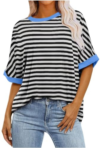 HOOUDO T-Shirts mit Farbverlaufsgrafik für Damen, Sommer, lässig, übergroß, T-Shirts, Rundhalsausschnitt, Trendige Tunika-Oberteile, lockere Blusen, Kleidung Damen Top Sommer