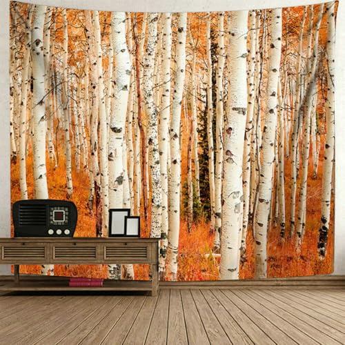 Gualiy Wandteppich Wald Baum, Wandtuch Herbst Birkenwald Tapisserie Wandbehang Landschaft Natur Dekoration für Schlafzimmer, 260x240