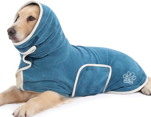 PETTOM Hundebademantel Mikrofaser, Bademantel Hund Extra Saugfähig und Schnelltrocknend, Hunde-Bademantel für Kleine Hunde mit Klettverschluss und Hohem Kragen (Blau, XS)