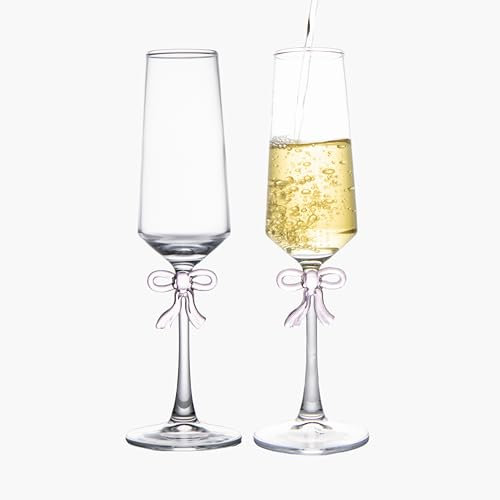 Bicchieri da champagne Set da 2 pezzi, squisiti bicchieri da champagne con fiocco rosa elegante, eleganza moderna, adatti per donne, uomini, matrimoni, regali di anniversario, Natale, compleanno, cris