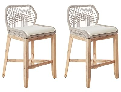 Beliani Barstuhl 2er Set Flechtseil beige mit Lehne Fußstütze Holzbeine Auflage Talamone