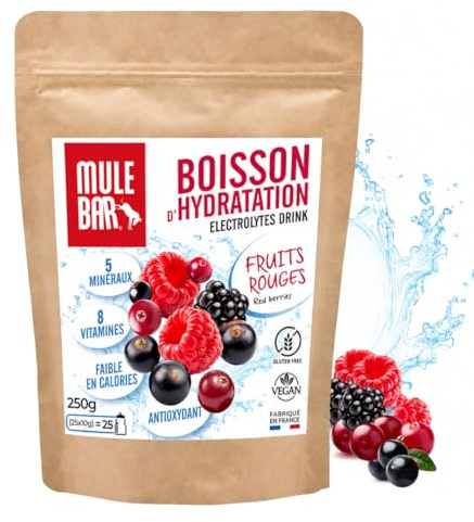 MULEBAR - Boisson D'Hydratation En Poudre - Fruits Rouges - Antioxydant - 8 Vitamines - 5 Minéraux - Electrolytes - Goût Très Peu Sucré - Facile À Digérer - Fabriqué En France - 250gr