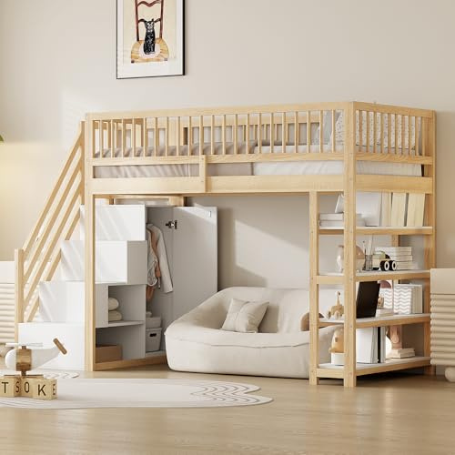 Kinderbett Etagenbett 90x200, Hochbett mit Kleiderschrank und Treppe, Multifunktionsbett mit Schrank und Stauraum Lagerregal, Stockbett Spielbett Jugendhochbett, Massivholz, Ohne Matratze, Holzfarbe