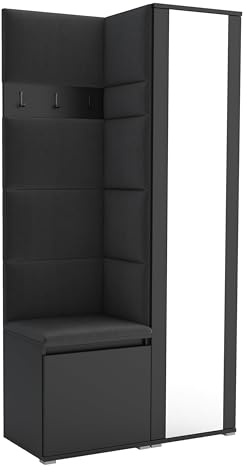 Brent - Garderobenschrank Flur Schwarz mit sitzbank 95 cm Breit Luton 6 - Multifunktionale Flurgarderobe Set mit Stauraum und Wandpaneel, Garderobe mit Sitzfläche und Kleiderhaken