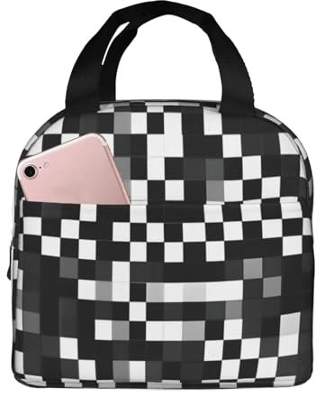 LNNIUK Lunchtasche mit Vordertasche, kariertes Muster, Schwarz / Weiß
