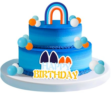 BOXOB 32pcs Blue Rainbow Cake Toppers, Include White Orange Cake Balls and More Creative Blue Dog Theme Birthday Party Decorations for Baby Shower Birthday