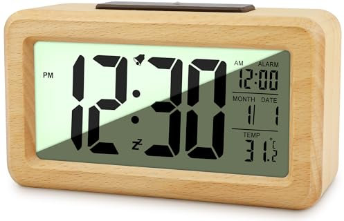 Ayybboo Wecker Digital,Wecker Holz mit Großer Anzeige,Automatischer Lichtsensor,Datums,Temperaturanzeige, Batteriebetrieben Tischuhr(Alkalibatterien Nicht Enthalten) (Buche)