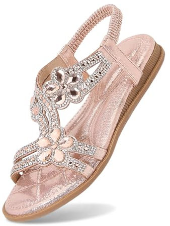 MODSGUE Glitzer Sandalen Damen Sommer Elegant Flach Strass Schuhe Mädchen Sommerschuhe Frauen Bequem Weichen Sohlen Bequem Damensandalen Gummiband Slingback Mädchen Strandschuhe