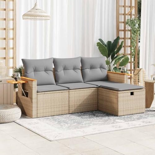 IKAYAA Divano da Esterno Set Divano da Giardino con Contenitore Salotto per Arredamento da Esterno Set da Giardino in Polyrattan-Beige e Grigio-4 pz