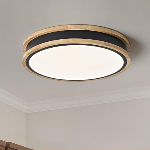 Vikaey Plafonnier LED,Luminaire Plafonnier Bois Noir，30CM lampe plafond Rond pour Chambre, Salon, Cuisine, Couloir, Salle à manger 24W 4000K[Classe énergétique F]