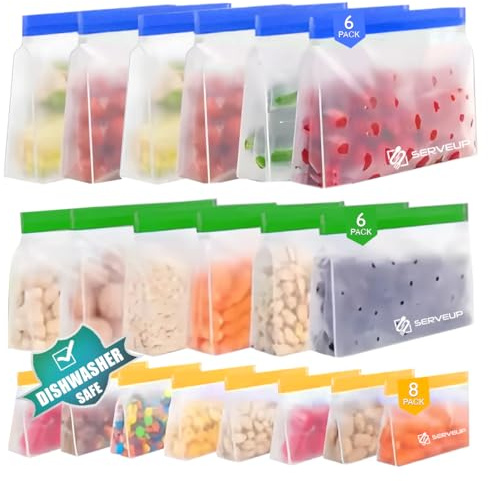 20 Pack Dishwasher Safe Reusable Food Storage Bags – BPA-Free, Leakproof Stand-Up Gallon Freezer Bags – Eco-Friendly PEVE Sandwich & Snack Bags, Plastic Alternative