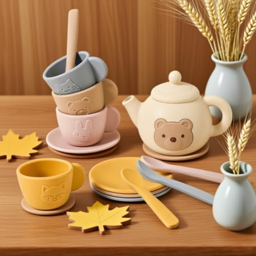 Tea Set For Toddler, Silicone Afternoon Children Tea Party Set With Teapot, Cups, Mats, Spoons, Pretend Play Toddler TeaSet, Kitchen Accessories, Kids Pretend Play Food Playset For KidsTea Party