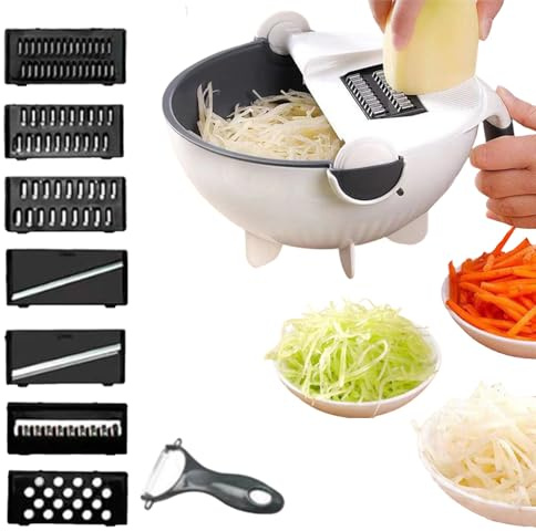 Cortador de Verduras | Picador de y Hortalizas | con Protector de Seguridad y Cestillo Escurridor para Preparar Ensalada Queso Zanahoria Pepino