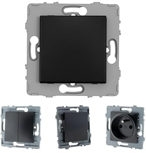 Zenitech - Interrupteurs va et vient simple ou double 10A + bouton poussoir + prises 16A encastrables - à composer - métal Noir brossé - Kouro