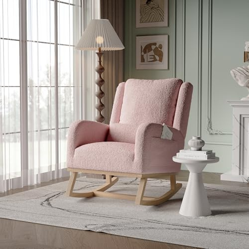 JiaOyu Mecedora Teddy Velvet, cómoda silla de relax con cojín lumbar y bolsillos laterales, sillón balancín acolchado para salón, dormitorio, balcón (rosa/cojín)