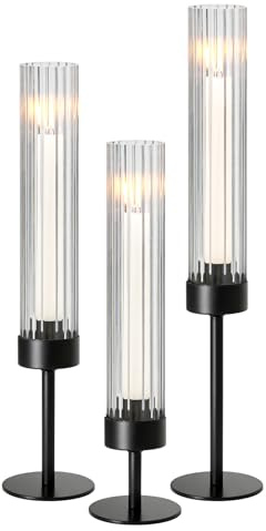Metal & Acrylic Taper Candle Holders Set of 3 with Ribbed Design - Hurricane Clear Cylinder Candelabra for Wedding, Christmas, Party, Dining Table Centerpiece Decor (Black, Set of 3)