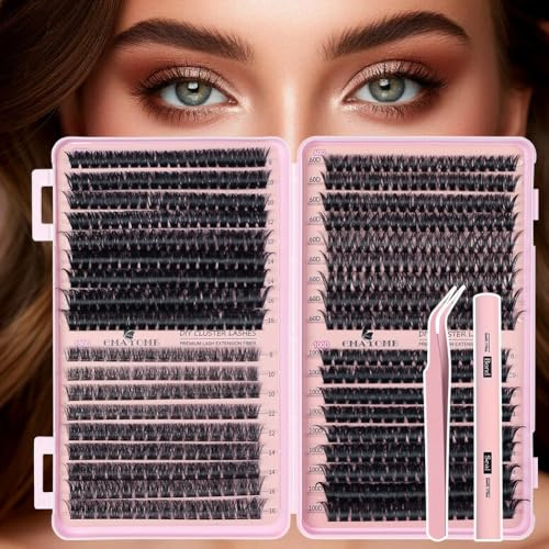 Aomig Wimpernverlängerung Set 722 PCS 8-16mm Längenmix | DIY Cluster Lashes Umweltschonendes Material Katzenaugen-Effekt Wimperntusche Pinzette Wimpernkleber Künstliche Wimpern Party