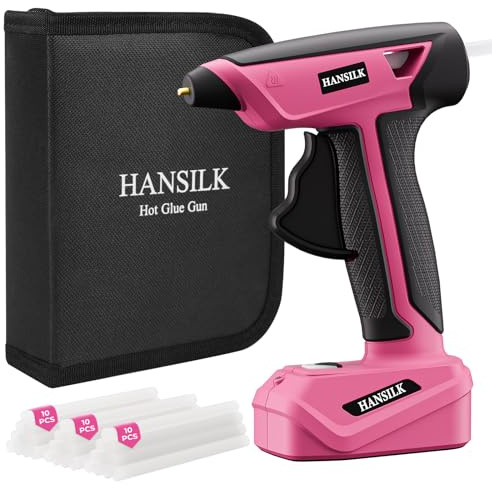 HANSILK Pistola de Silicona Caliente Inalámbrica 2000mAh 30 Barras de Silicona–Pistola de Silicona Caliente Recargable por Type-C Calentamiento Rápido en 15s Ideal para Bricolaje Manualidades-Rosa