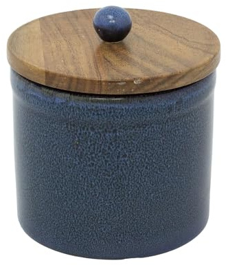 Carousel Home Azure Blue Reactive Glaze Stoneware Storage Jar, 12cm Ceramic Canister with Acacia Wood Airtight Lid for Kitchen Storage