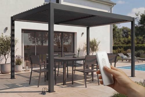 Cazeboo Pérgola bioclimática motorizada Independiente AGOSTA de 4x3 m en Aluminio Gris con persianas retráctiles en el Lado de 4 m.