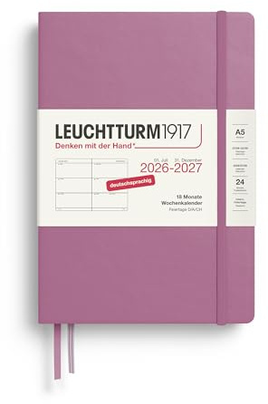 LEUCHTTURM1917 Veckokalender 2027 medium (A5) – tyska, dusty ros, inbundet lock, 145 x 210 mm, 18 månader – 07. 2026-12.2027, 1 vecka per dubbelsida, 80 g/m² papper med hög bläckkompatibilitet