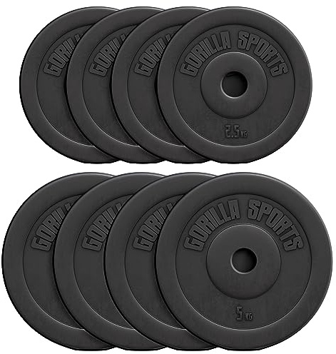 GORILLA SPORTS® Pesi Palestra - Disco Singolo: 1,25-15 kg o Set: 27,5/30 kg, 31 mm, Plastica - Dischi Palestra, Bumper, Bodybuilding, Peso, Sollevamento con Bilanciere e Manubri, Powerlifting