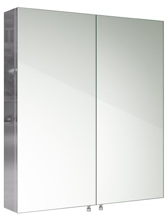 iBathUK Vienna Wall Mounted Double Door Bathroom Mirror Cabinet, Frameless Rectangular Silver Mirror, Magnetic Catch, Modern Bathroom Storage, Polished Stainless Steel, 600x670mm