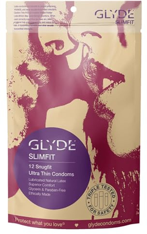 GLYDE Slimfit - Snug Fit Condoms - 12 Count - Ultra-Thin, Vegan, Smaller Size Natural Rubber Latex - 49mm for Tighter Fit